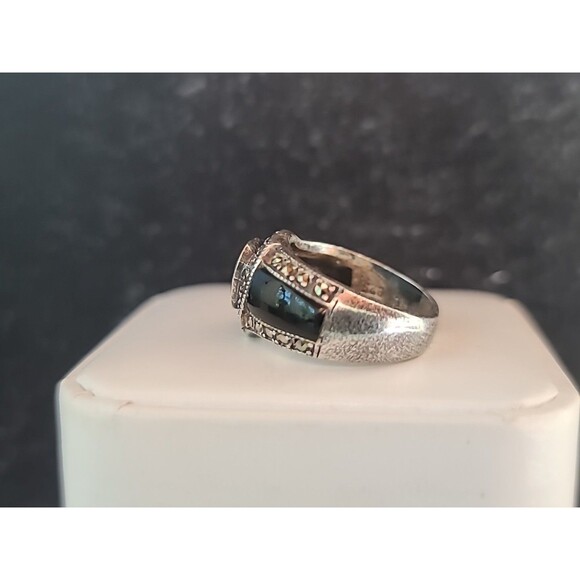 925 Sterling Abalone Shell Marcasite & Enamel Statement Ring, Size US 4.75 - Picture 5 of 10
